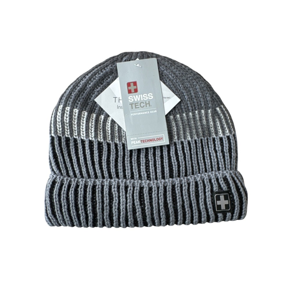 Swiss Tech 3M Thinsulate Insulated Knit Rib Warm‎ Beanie Gray Black L/XL NWT